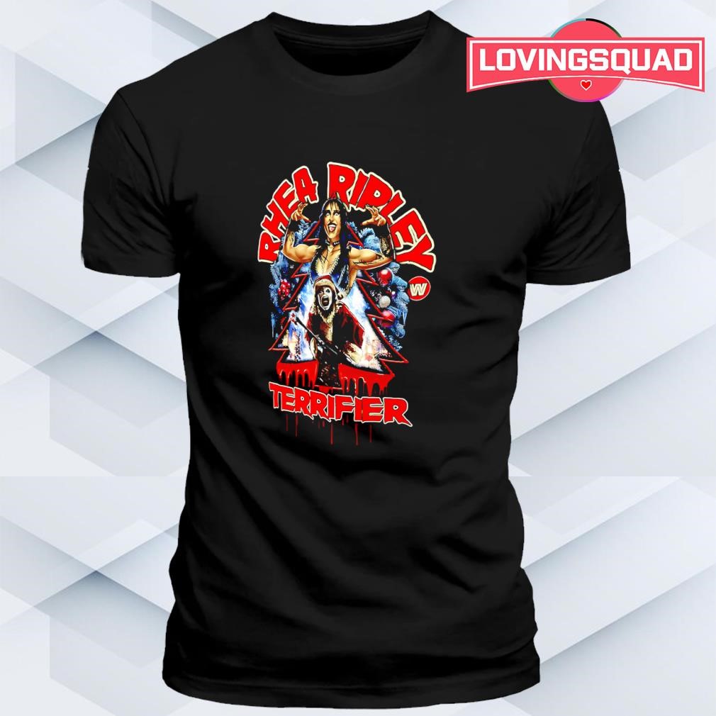 Rhea Ripley and Terrifier Bloody Christmas collab graphic shirt
